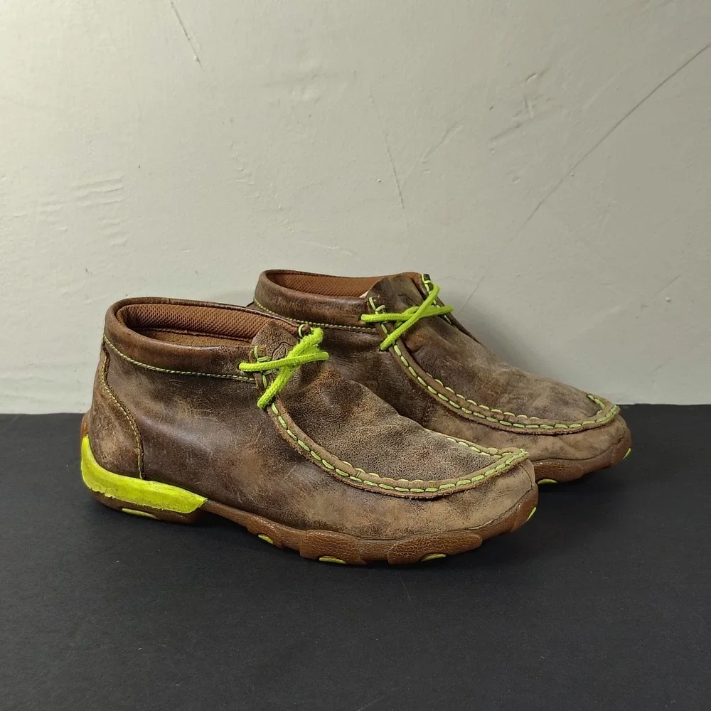 Twisted X Driving Moc Boys 4M Brown Leather Neon Green Accents YDM0001 Shoes